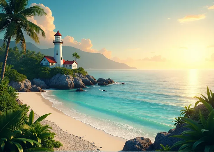 Sea with the rising sun、Cape with a view of the lighthouse、Marine blue, crystal clear sea、White sand beach、Tropical plants、Calm sea、The sun shines on the sky, turning it from orange to deep blue.、Realistic depiction