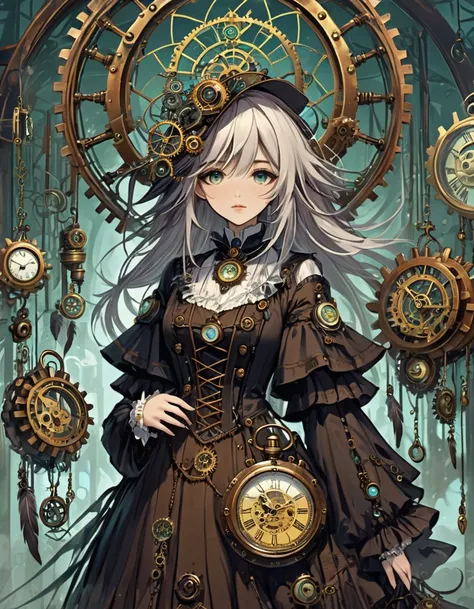 ```
"Steampunk Dreamcatcher, Haunted Clockwork Factory, Whirring Gears, Flickering Lanterns, Cogwheel Creatures, Ghostly Apparitions, Ethereal Mist, Forgotten Inventions, and a Mysterious Timekeeper with a Pocket Watch Heart"
```