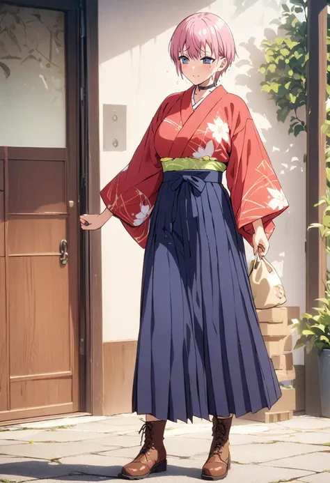 (Highest quality, 4K, 8k, High resolution, masterpiece:1.2), Very detailed, Picturesque, Animated Photography, Photo Animation:1.37)、Japanese schoolgirl、(Pink Hair)、(short hair)、stnding、meiji schoolgirl uniform, hakama,navy hakama skirt, japanese clothes, ...