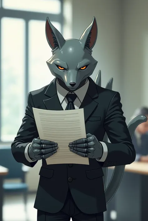 Protogen holds a document in his paws and reads it. Protogen himself was gray, in a black business suit and 3 tails. 