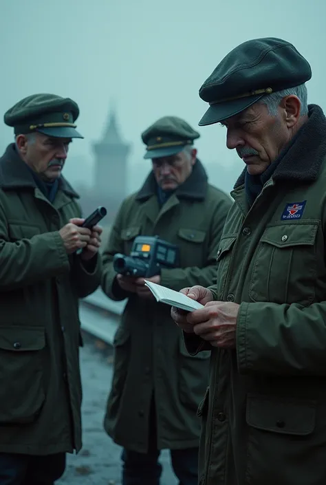 A group of Soviet-era investigators examining the scene, one taking notes while another holds a Geiger counter showing high radiation levels. The scene should feel cold and tense, with a gray, overcast sky."