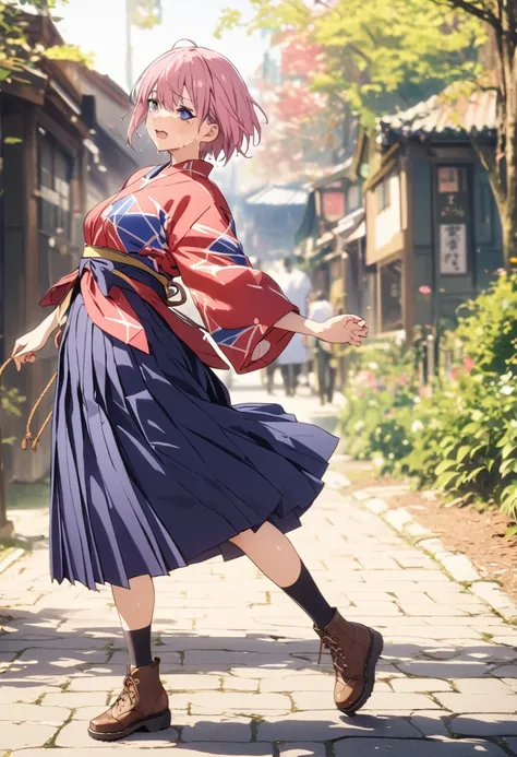 (Highest quality, 4K, 8k, High resolution, masterpiece:1.2), Very detailed, Picturesque, Animated Photography, Photo Animation:1.37)、Japanese schoolgirl、(Pink Hair)、(short hair)、stnding、meiji schoolgirl uniform, hakama,navy hakama skirt, japanese clothes, ...