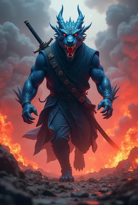 A dangerous blue dragon walking in red fire wearing Ninja costume katana in the back