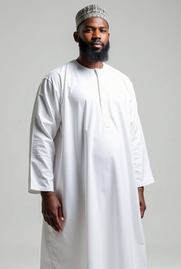 Generate 16:9 images of Adamu wearing a clean white kaftan and a traditional Hausa cap. The kaftan visibly shows a pronounced bulge, indicating Adamu’s oversized manhood. 

Adamu is a tall, handsome, light-skinned Hausa man with a neatly trimmed beard,