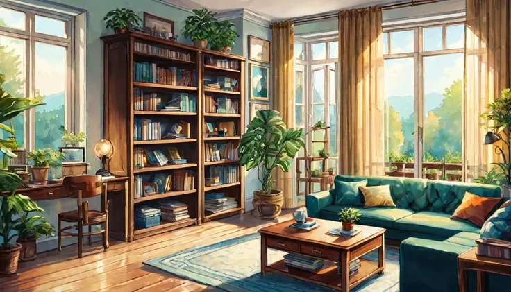 a home office livingroom with a bookshelf and a plants, picture frame above the sofa, no people, landscape, a book, a bookshelf,...