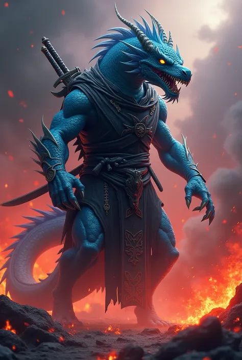 A dangerous blue dragon walking in red fire wearing Ninja costume katana in the back