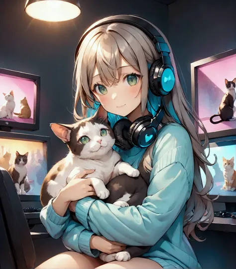 
Create a Girl 2. beautiful medium size breasts. Wearing a blue knitted sweater. Headphones on the head.  Sitting in a computer gaming room with beautiful neon lights. With ash-colored hair and gray-green eyes. Frontal position of bodies. cat (animal) dark...