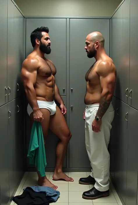 A handsome, hairy, bearded, muscular Puerto Rican man in white underwear with a pair of green surgical pants in his hand, open closet, small changing room, with a man in front, fatter, lower, baldie, standing watching him, wearing no shirt, wearing white p...