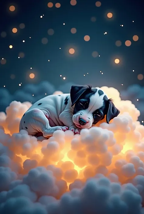 The image shows a cute Dalmatian puppy sleeping peacefully on a soft, glowing cloud with a starry night sky in the background. The puppy is surrounded by fluffy clouds, and there are glowing stars hanging above, creating a dreamy, magical atmosphere. Heres...