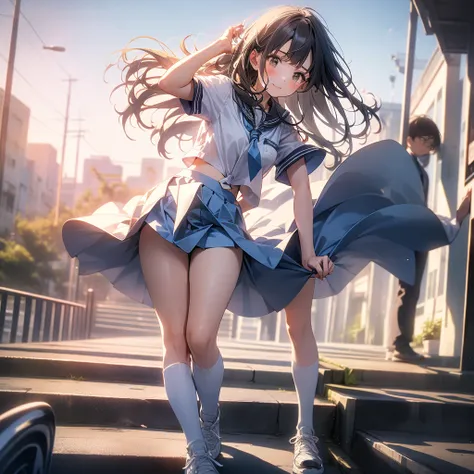 In 8K、Highest quality、masterpiece、Super detailed、Ultra-high resolution、((1 person))、With a girl、uniform、Braided hair、compensate、Checked skirt、Strong winds、((((Flip up the skirt))))、White pants、City view