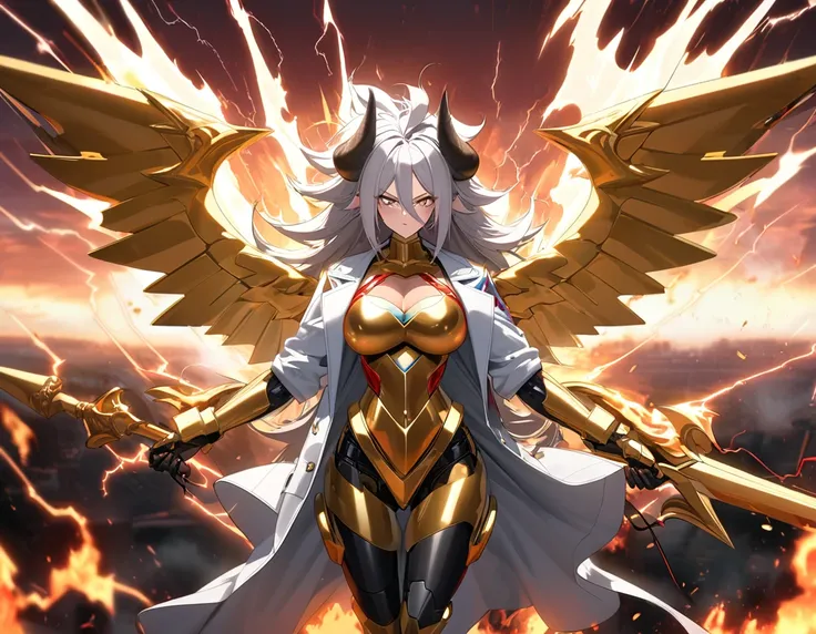 ((((Golden Spear)))), ((Lightning Power)), ((Electricity)), ((Fire Background)), ((Lightning Storm)), ((Power Erupting)), ((((android 21)))), (((white Coat))), (((Busty))), luxury bustier corset, ((silver hair)), (((Very slim waist))), propotional body, ((...