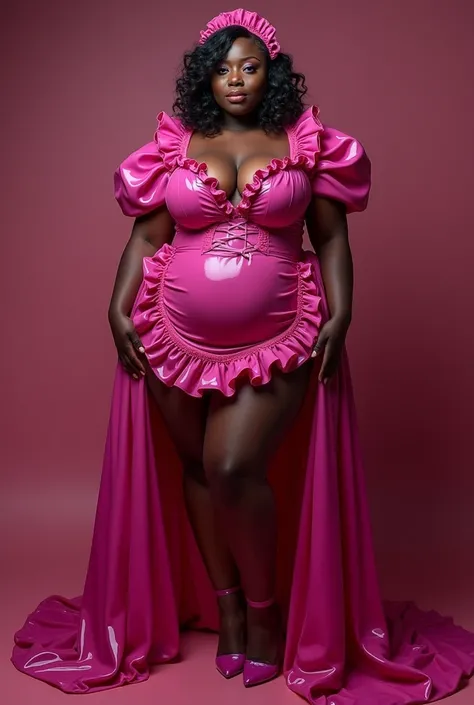 latex magenta maid, ebony, puff sleeve, many ruffles, neckline, show the whole body, voluminous skirt, The whole dress touches the floor, (vagina), (shaved pussy)