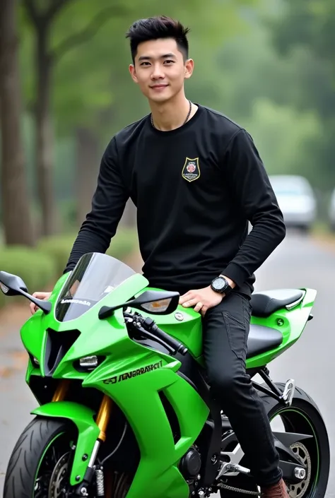 A handsome Korean man with smooth white skin, well-groomed face.jaket kulit cropped hitam ,kaos Putih  logo harley, black cropped pants with lots of pockets,sitting on a Kawasaki Ninja ZX-25R motorbike in highlighter green,riding a Kawasaki Ninja ZX-25R co...