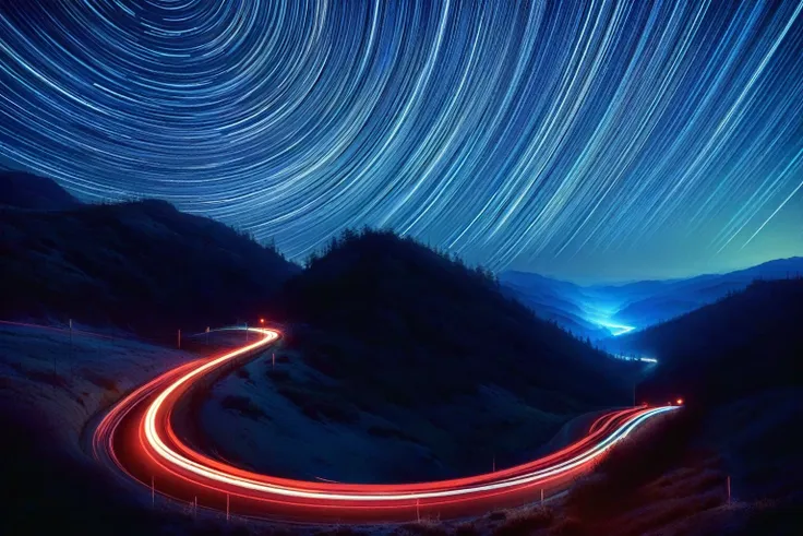 a view of a winding road，there are star tracks in the sky, long-term contact shot, tracingstar trails, light trailss, long-term ...