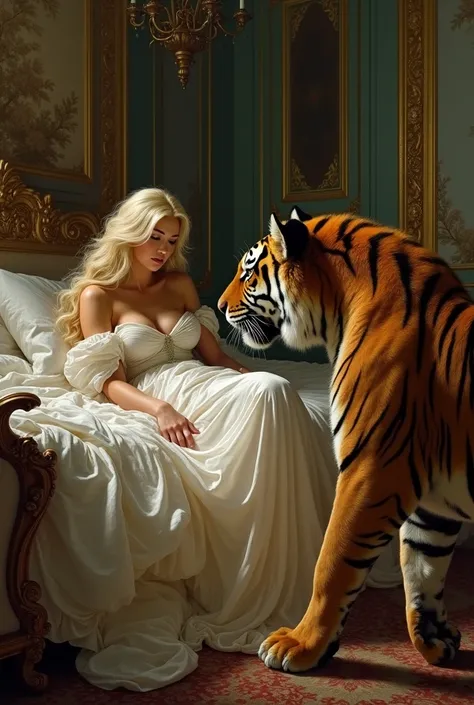 Baroque room, Beautiful woman in a bed and a tiger tastes her 