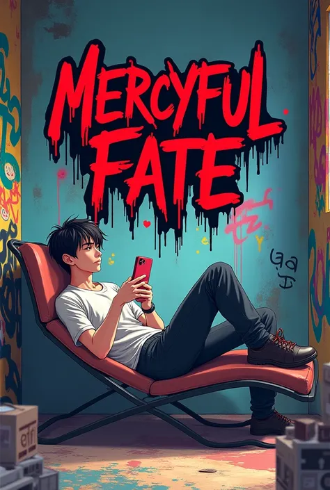 anime gaming profile a man relaxing on a   lazy cradle holding phone in a creative space full with graffiti. Put gore style text in red and black " MercyFul Fate" At the wall