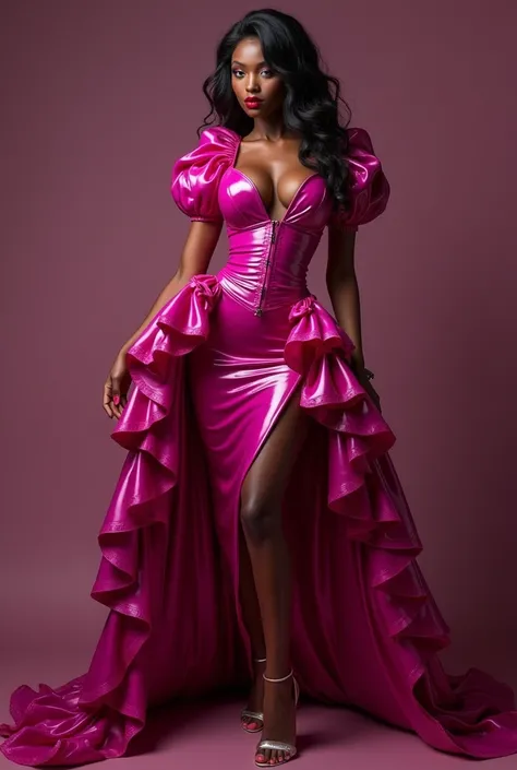 slim latex magenta maid, ebony, puff sleeve, many ruffles, neckline,very red lips, show the whole body, voluminous skirt, The whole dress touches the floor, (vagina), (shaved pussy)