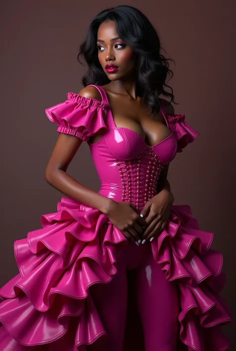 slim latex magenta maid, ebony, puff sleeve, many ruffles, neckline,very red lips, show the whole body, voluminous skirt, The whole dress touches the floor, (vagina), (shaved pussy)