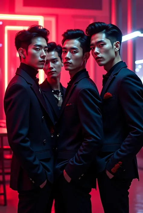 Create an album cover featuring four handsome Korean men dressed in stylish vampire outfits with blood accents on their clothing. The ambiance should evoke an 80s look, with vibrant neon colors, retro patterns, and a slightly nostalgic, glamorous feel."