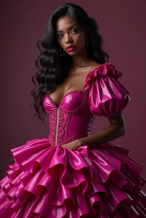 slim latex magenta maid, ebony, puff sleeve, many ruffles, neckline,very red lips, show the whole body, voluminous skirt, The whole dress touches the floor, (vagina), (shaved pussy)