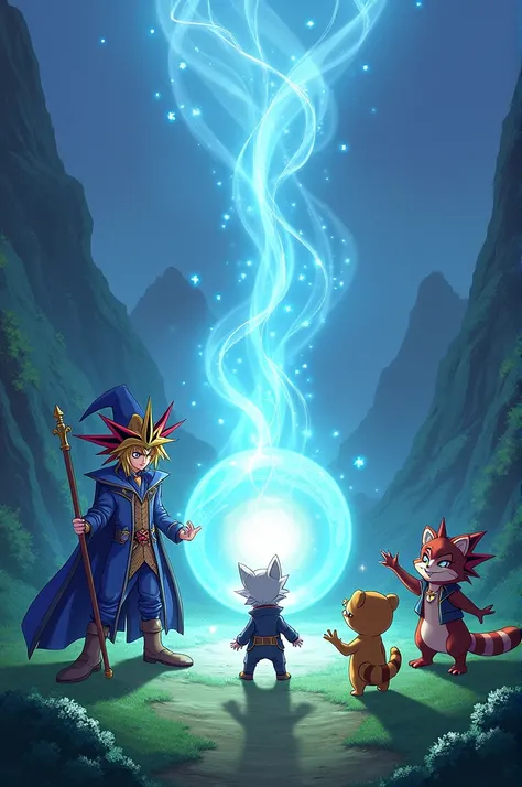 Endymion, double iris magician and bumbuku racoon, all from yu gi Oh card game art, standing around a white and blue glowing crystal orb, which is floating in the center of the standing characters. Magic, feeric, background landscape