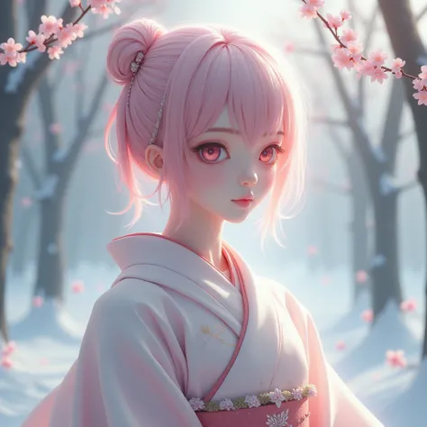 A hyper-realistic, highly detailed, and high-resolution 16k image of a young, beautiful female ghost or guardian spirit. She has light pink hair and translucent skin, and is dressed in a traditional Japanese kimono with a small cherry blossom design on the...