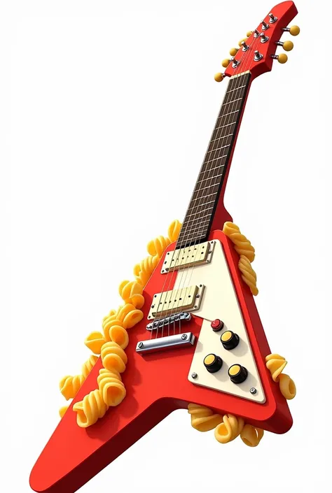 Create an animated ANIME style image of a red and white “gibson flying v 1967” pasta guitar with a white background behind it 