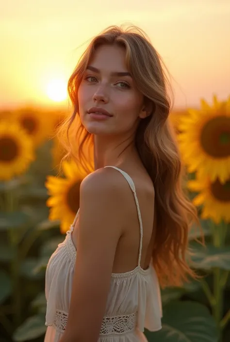 A realistic portrait of a young woman standing in a lush sunflower field during the golden hour. The warm sunlight softly illuminates her face, highlighting her natural beauty with a gentle, serene expression. Her dress is light and flowy, with detailed la...