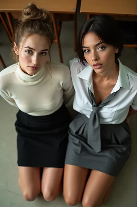 Realistic photo from above of two slim pretty Caucasian women in a British classroom. One is aged 21 and has light-brown hair in a bun and is wearing a tight plain-white cashmere sweater (no bra) and a straight black miniskirt. The other is aged 18 and has...