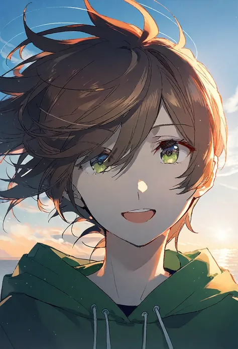 From rella, From dsmile9, Young girl，Flip hair，poke球
rest
棕色斜马尾，Green eyes, Solitary, Open your mouth, detailed face, detailed eyes, detailed hair, Wind Effect, （Brown ponytail ）
rest
dynamic angle,
rest
，Dark green sweatshirt，Spiritual inspiration comes f...