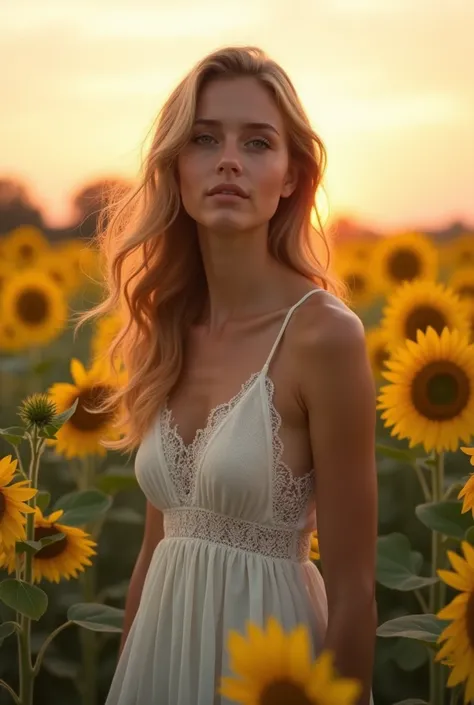 A realistic portrait of a young woman standing in a lush sunflower field during the golden hour. The warm sunlight softly illuminates her face, highlighting her natural beauty with a gentle, serene expression. Her dress is light and flowy, with detailed la...