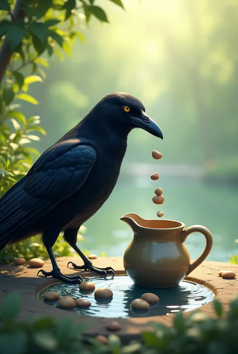 The water inside the pitcher is shown rising as more pebbles are added. The crow continues its efforts, with the water level gradually nearing the top.