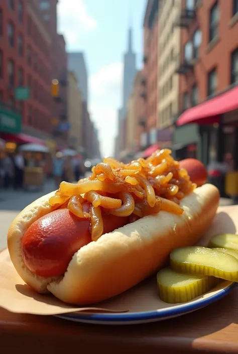 A New York-style hot dog with onion and pickle in New York 