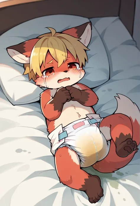 furry，kemono, toddler（One cute Red Fox boy), single，Blonde hair，Wearing cute diapers，Wet Diaper，Naked，Lying in Bed, Diaper Mess Poop, Pooping in Diaper, Peeing in Diaper, Crying, protrait photo，HD