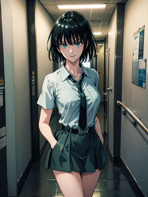 (high res, 8K, masterpiece, looking at viewer, best quality, very aesthetic, ultra detailed, ultra background, ultra Eyes) intricate details, 1girl, Fubuki, short sleeved white shirt, Light Blue Gray short skirt, Pockets on the left chest, Blue Gray Tie, W...