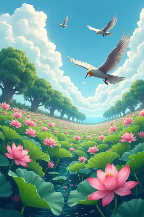 In a field of lotus flowers in full bloom、There are many thunderbirds。A row of yew trees、Many sweetfish are swimming in the stream.。Beautiful illustrations