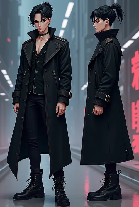 An anime character model sheet showing its design. A long black trench coat, using a mascara, cyberpunk male character with short ponytail.