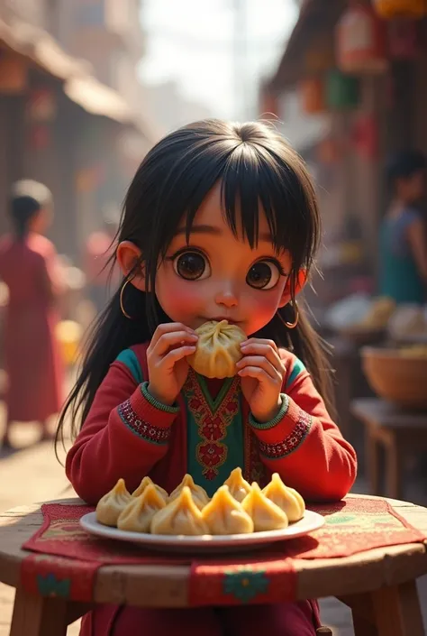 Nepali girl eating momo