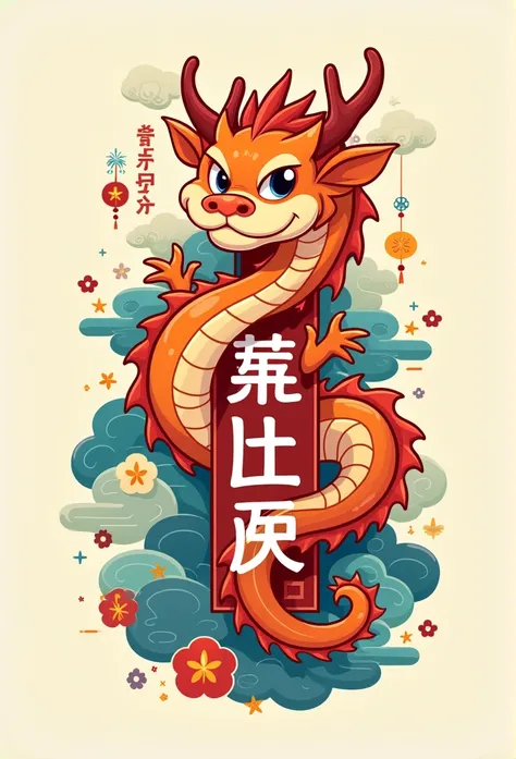 Cartoon logo of a Chinese dragon, vertical Chinese letters of name "Dragon", Chinese cultural symbols, vector art