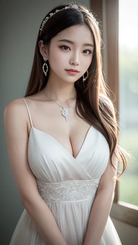 最high quality, masterpiece, High resolution, One girl, clear silk porcelain dress, Beautiful Face, hair accessory, Looking at the audience, smile, Shut your mouth., lips, dress, hair accessory, necklace, jewelry, Long Hair, Earrings, Beautiful Face, On the...