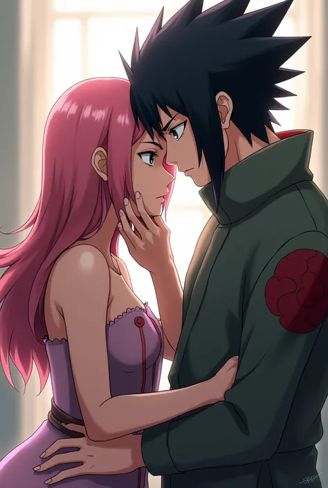 Sakura Haruno sucks the penis of Sasuke Uchiga . While Uchiha holds her head anime