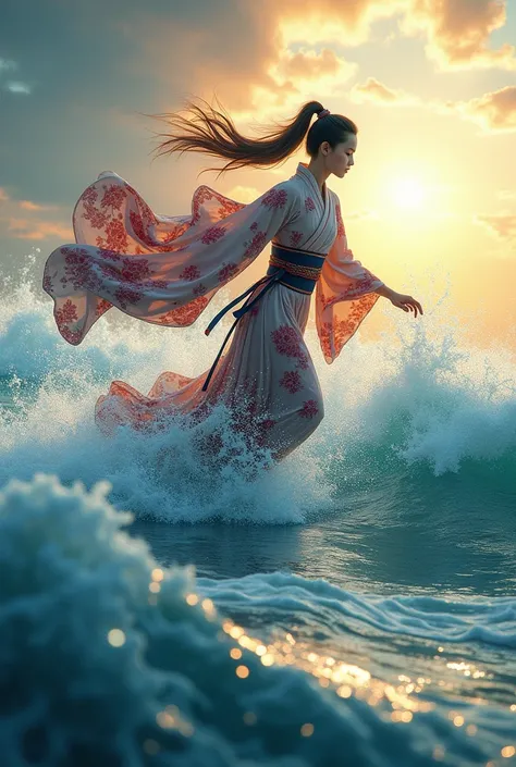 Beautiful warrior running through the sea　kimono