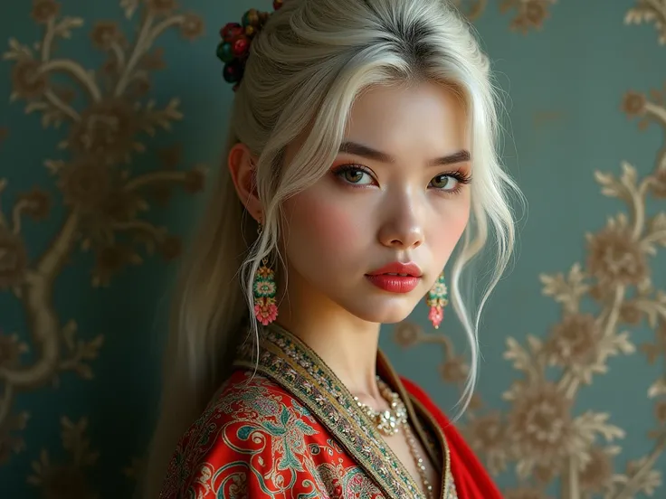 A sexy white blonde girl with Burmese traditional dress