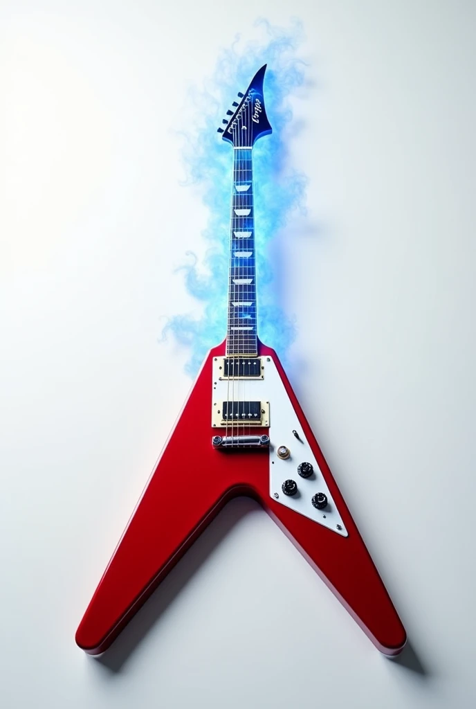 Create an image of a red and white “gibson flying v 1967” guitar with a white background behind it I would like the neck of the guitar to give off a sort of semi-realistic blue fire aura and preferably laying flat. 