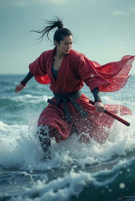 Beautiful warrior running through the sea　fight　Kimono covered in blood