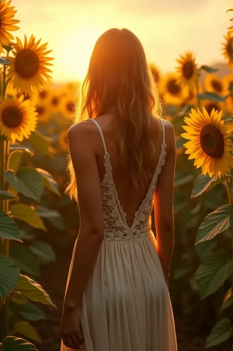 a serene golden hour scene with vibrant sunflowers surrounding a person in a bohemian lace dress, infused with a warm, ethereal glow