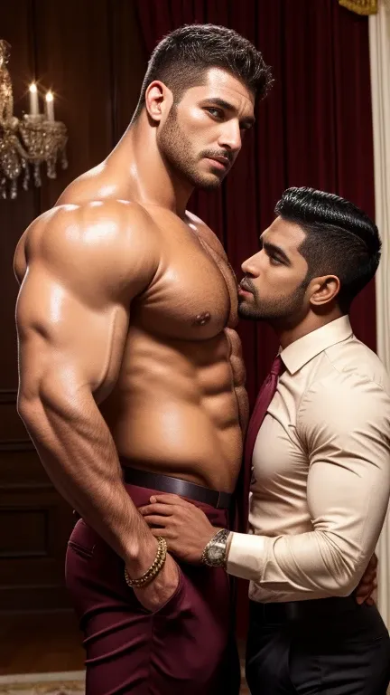 Chris Redfield kissing with Indian man in office，spiky hairstyle, nued，He had sad eyes in his eyes，Grievanced frown，Emerald charming eyes，Tall and burly，musculous！Tall, Burly and strong， Extremely detailed depiction of faces，Exquisite facial features，super...