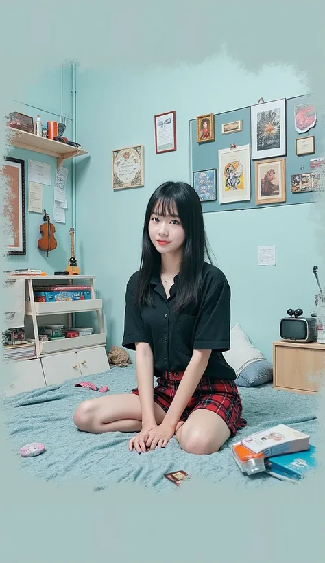 photorealistic image of a woman, ultrarealistic, photography, straight black hair, indonesian woman, small breasts, double eyelids, small messy bedroom, black shirt and tartan short pants, no hair bang