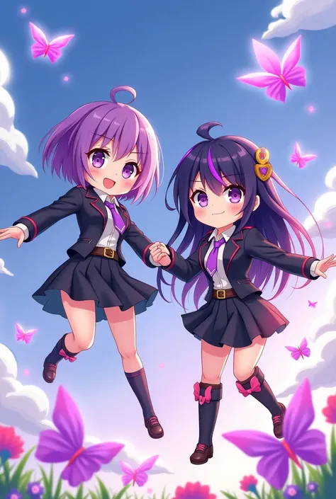 girl agent clove valorant hair purple short and friend girl agent reyna hair black with purple valorant, match icon, butterflies purples and sky blue , anime cute chibi, match icon