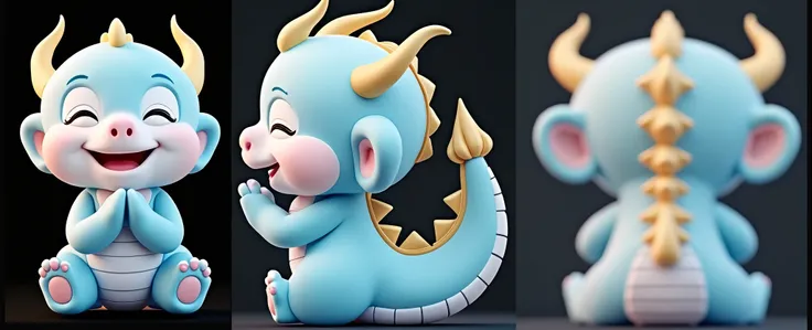 3D rendering, C4D, cartoon style version of a cute Chinese baby dragon, blue body, pink face, golden horns on his head, smiling happily and praying with his hands folded, full body front view and side view, back view. Light indigo and gold style, anime aes...